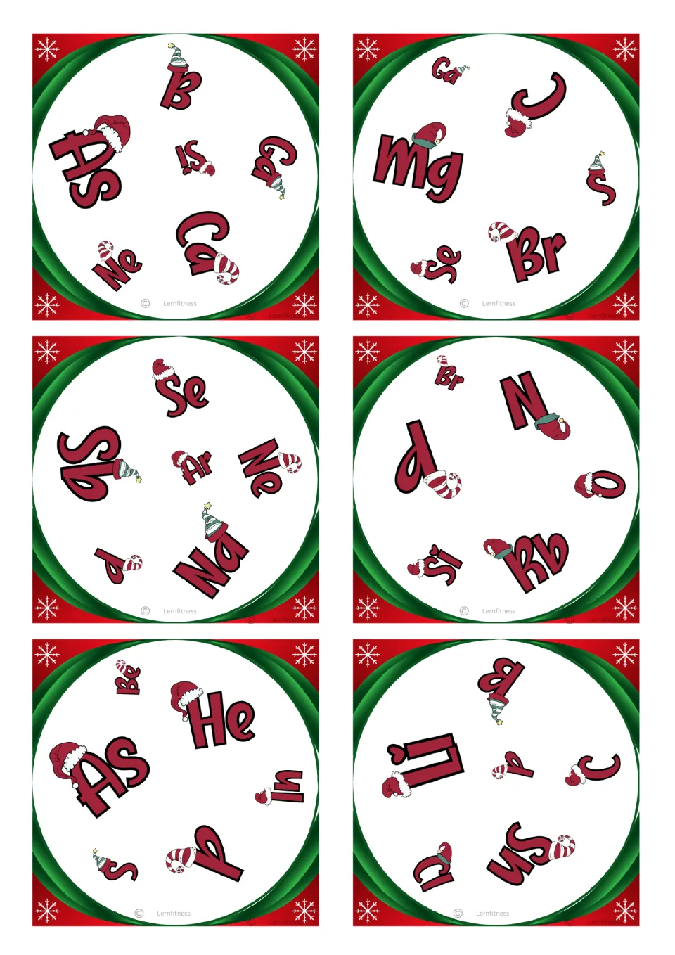 Square chemistry matching cards 13–18, each with six element symbols; the first includes B, As, Si, Ga, Ne, and Ca