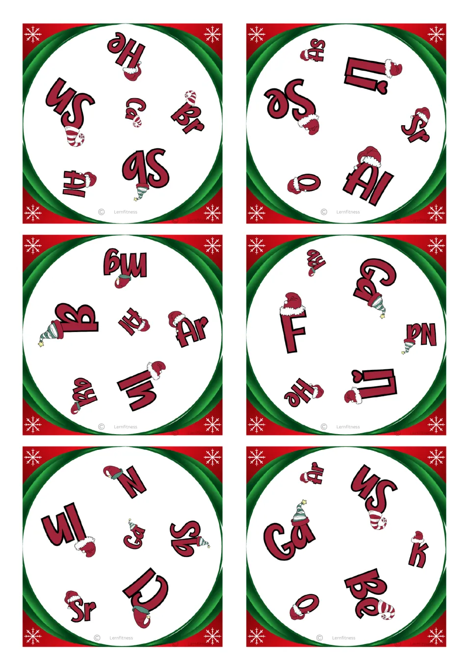 Square chemistry matching cards 19–24, each with six element symbols; the first includes He, Sn, Ca, Br, Al, and Sb