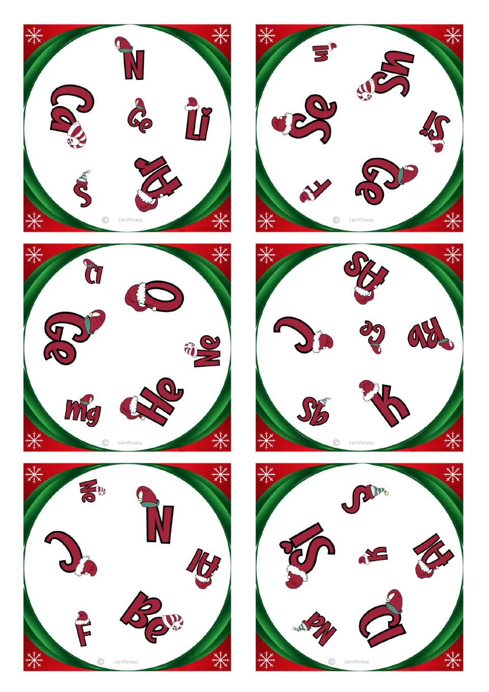 Square chemistry matching cards 25–30, each with six element symbols; the first includes N, Ca, Ge, Li, S, and Al