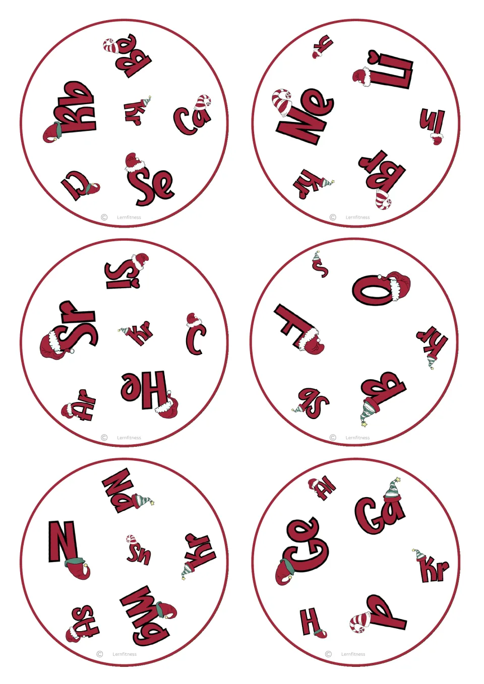 Round chemistry matching cards 1–6 repeat the square set's opening cards, including Rb, Be, Kr, Ca, Cl, and Se