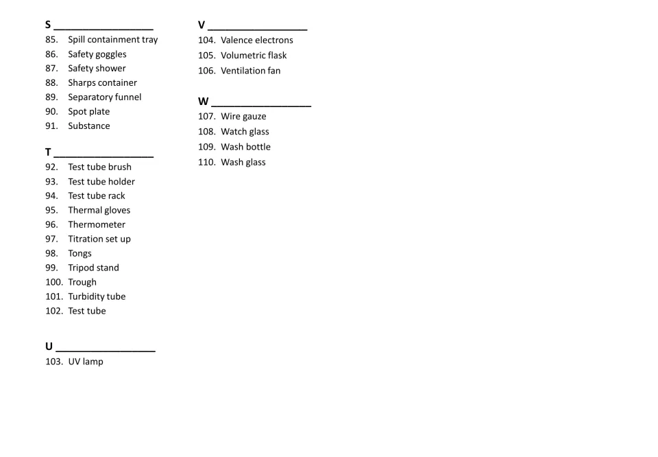 Lab terms index S to W: terms 85 to 110, including safety goggles, titration set up, UV lamp, volumetric flask