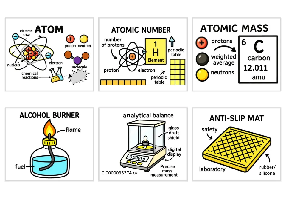 Illustrated flashcards for atom, atomic number, atomic mass, alcohol burner, analytical balance and anti-slip mat