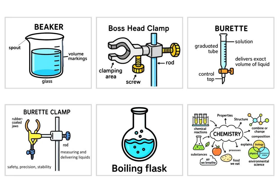Labeled cards for beaker, boss head clamp, burette, burette clamp and boiling flask, plus a chemistry concept web