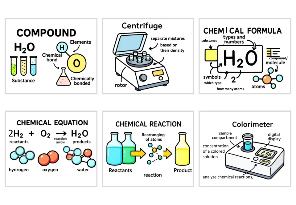 Cards for compound, centrifuge, chemical formula, chemical equation, chemical reaction and colorimeter, using H2O examples