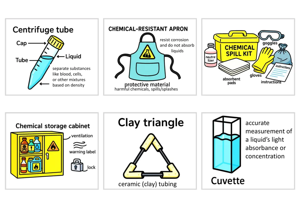 Cards for centrifuge tube, chemical-resistant apron, chemical spill kit, storage cabinet, clay triangle and cuvette