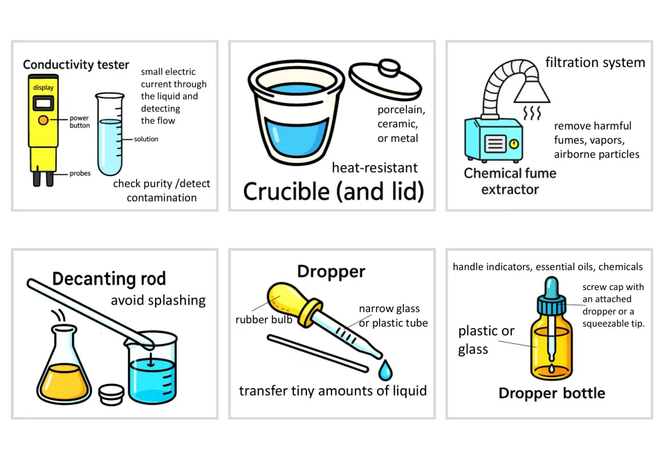 Cards for conductivity tester, crucible and lid, chemical fume extractor, decanting rod, dropper and dropper bottle