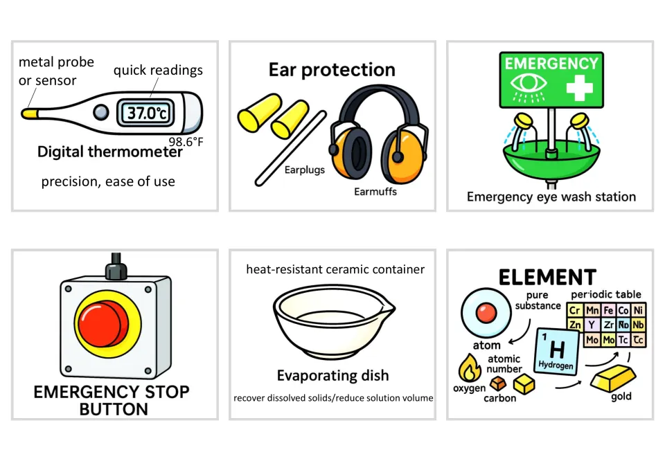Cards for digital thermometer, ear protection, emergency eye wash station, emergency stop button, evaporating dish, element