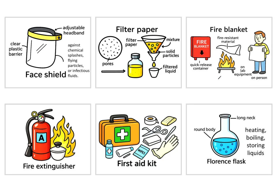 Fire safety and filtering cards: face shield, filter paper, fire blanket, fire extinguisher, first aid kit, Florence flask