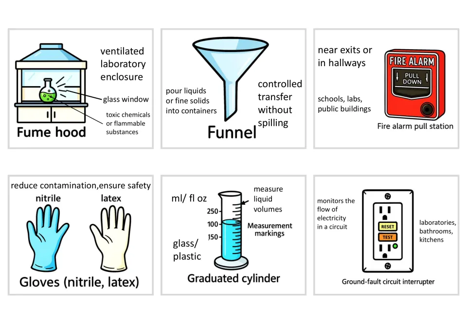 Cards for fume hood, funnel, fire alarm pull station, nitrile and latex gloves, graduated cylinder and a GFCI outlet