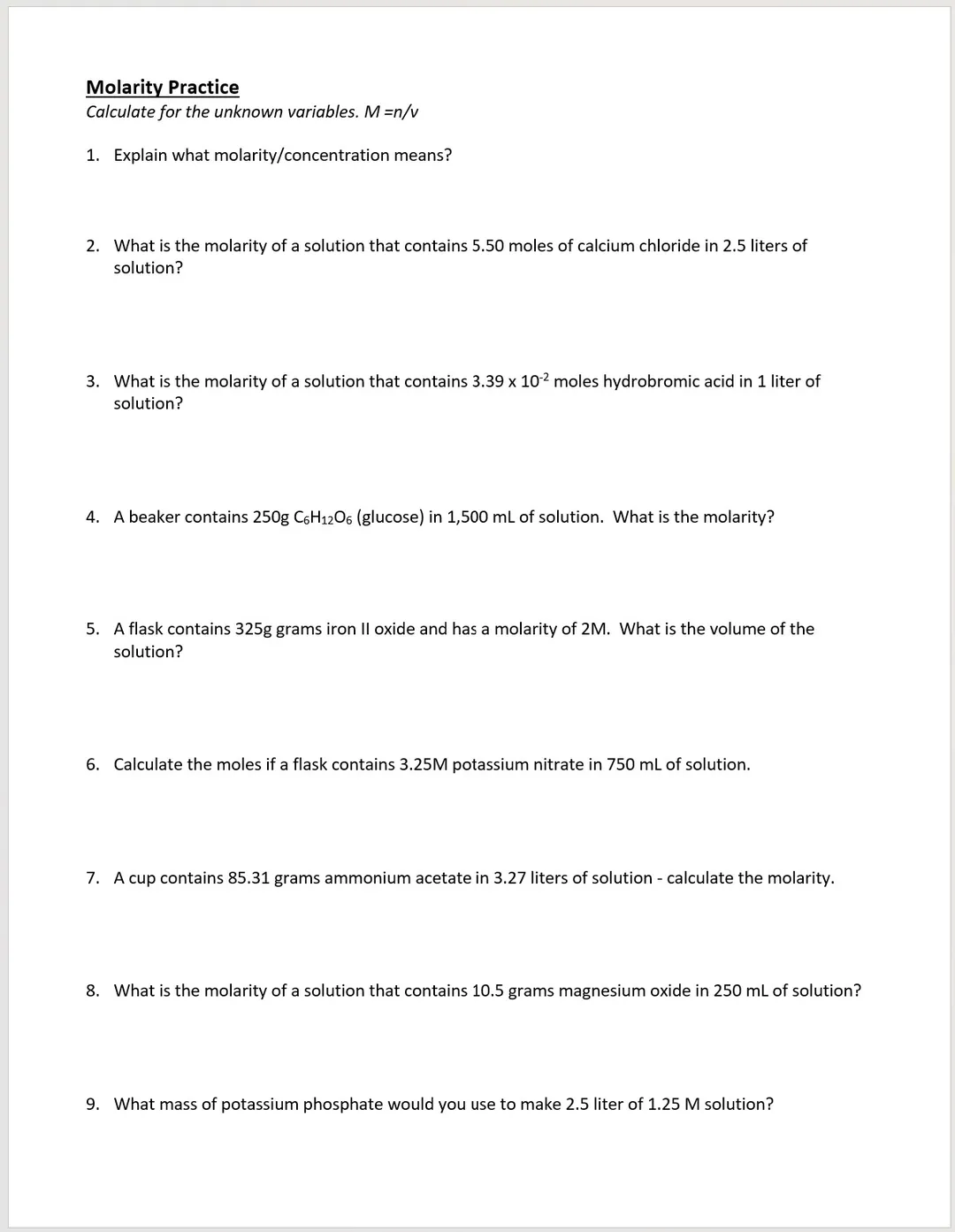 Chemistry Molarity Practice – Solve for Variables – cover