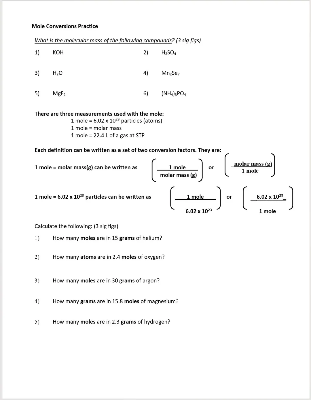 Chemistry Mole Conversion – 16-Problem Practice – cover