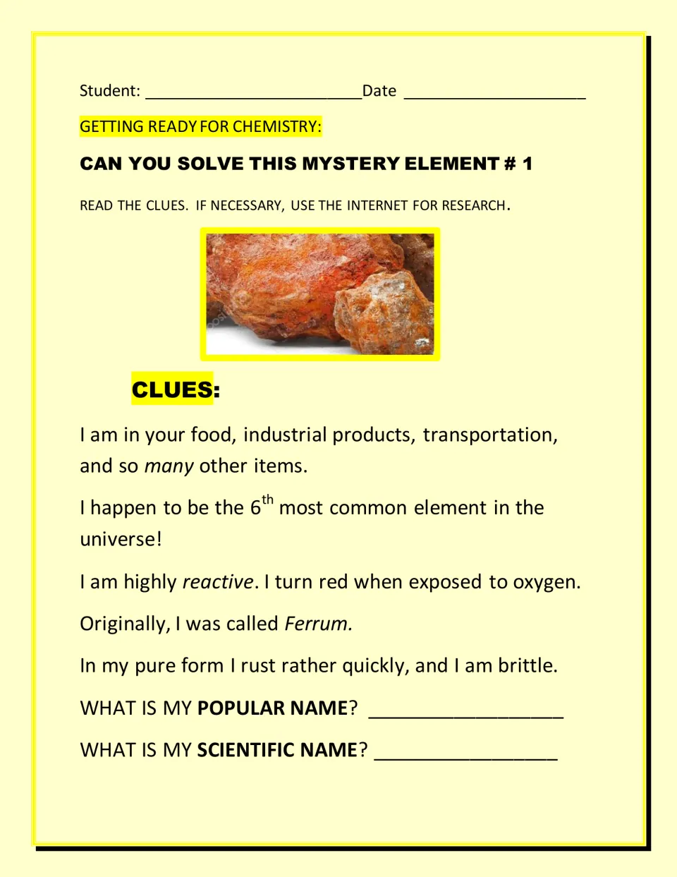 Mystery element riddle: students read five clues beside a photo of rusty rock and write its popular and scientific names
