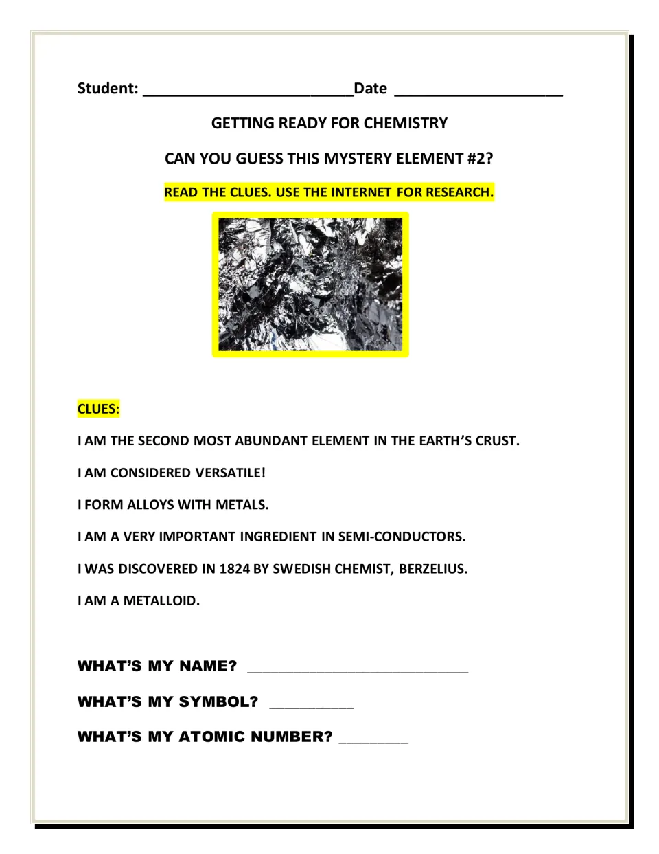 Mystery element riddle: students read six clues, research online, and name the element, its symbol and atomic number