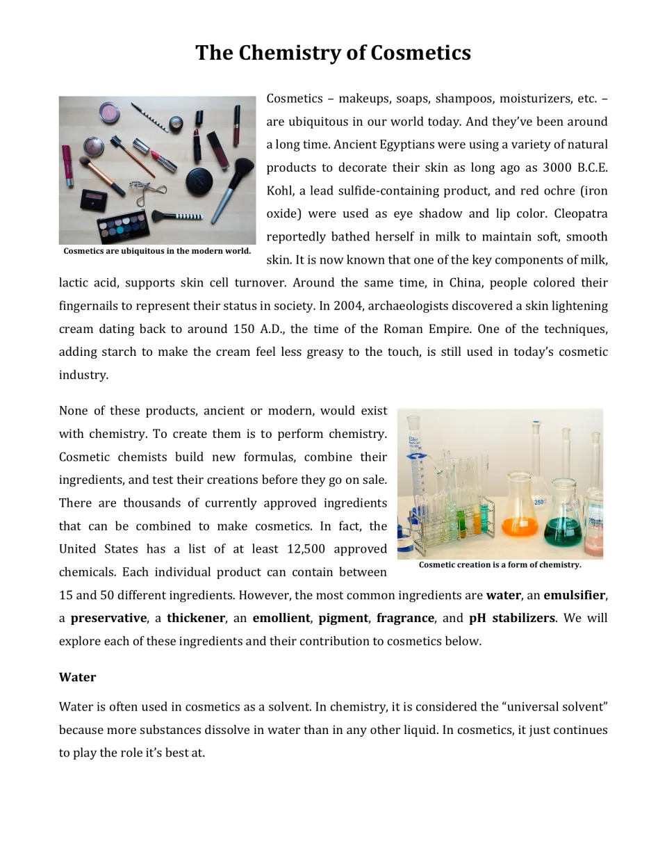 Opening reading section on cosmetic history, eight common ingredient categories, and water as a solvent