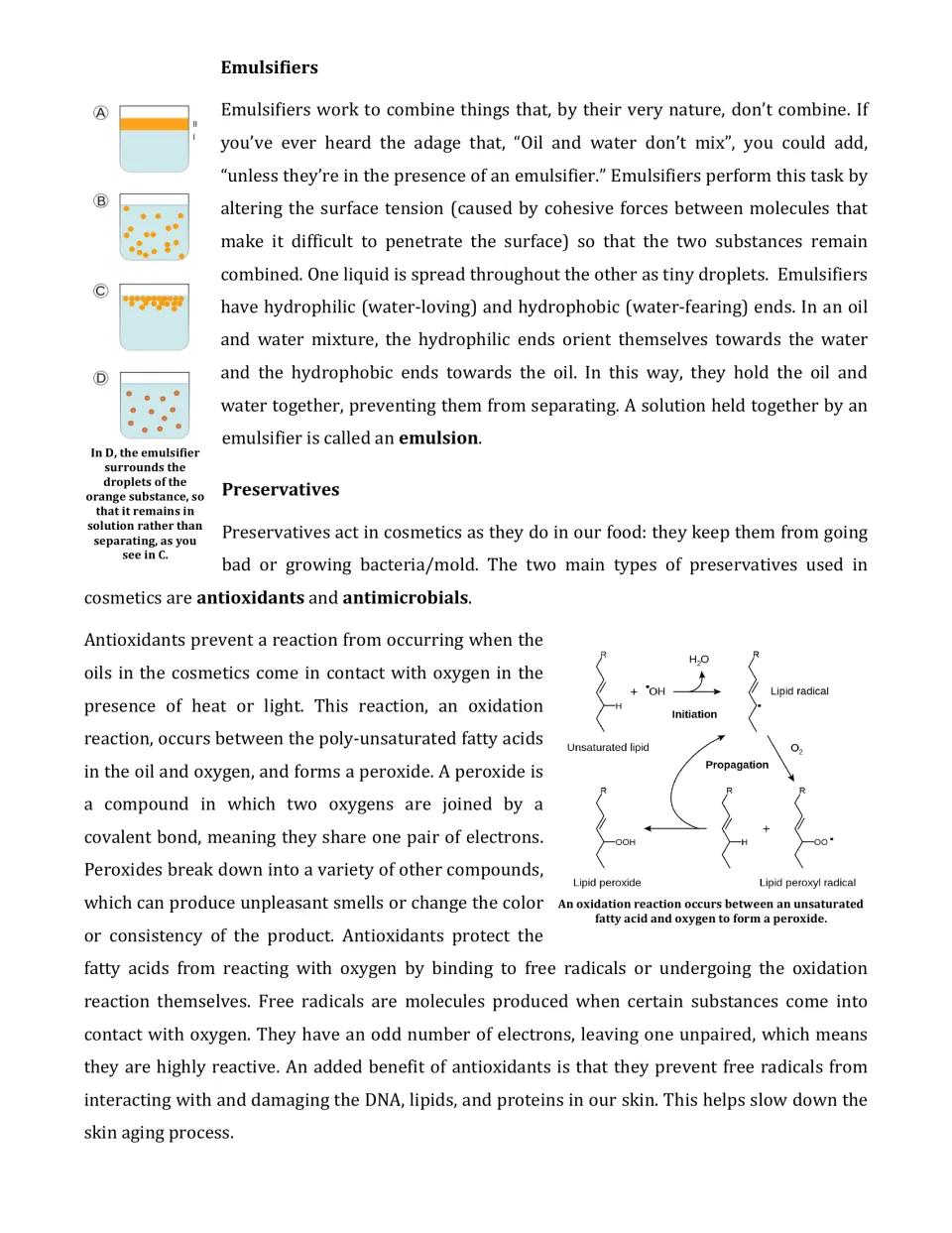 Cosmetics reading explains emulsifiers and preservatives, with diagrams of emulsions and lipid oxidation