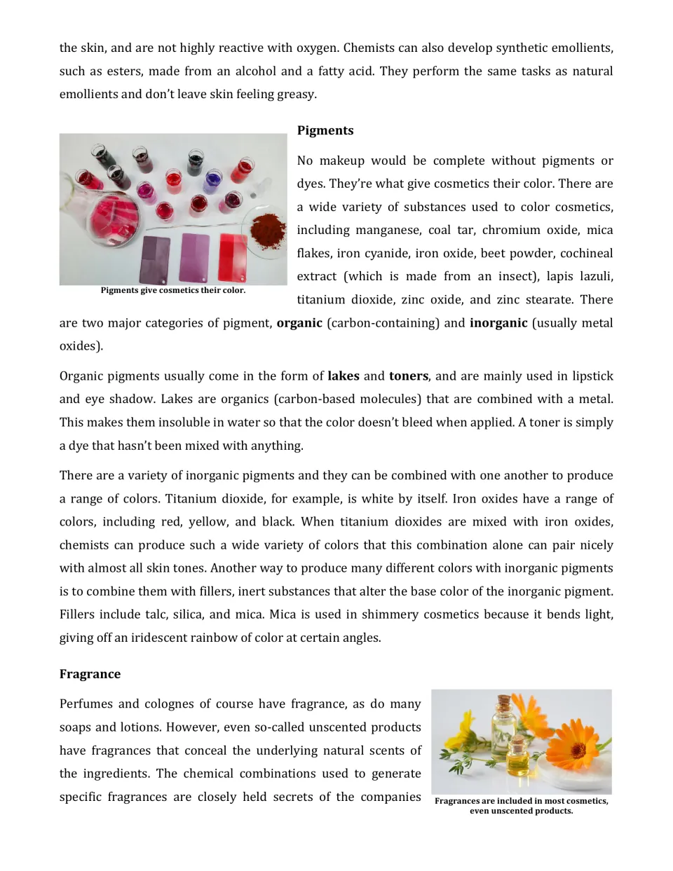 Cosmetics reading continues emollients, explains organic and inorganic pigments, and introduces fragrance