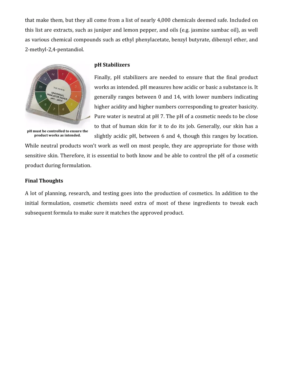 Final cosmetics reading section covers fragrance chemicals, pH stabilizers, and testing cosmetic formulas