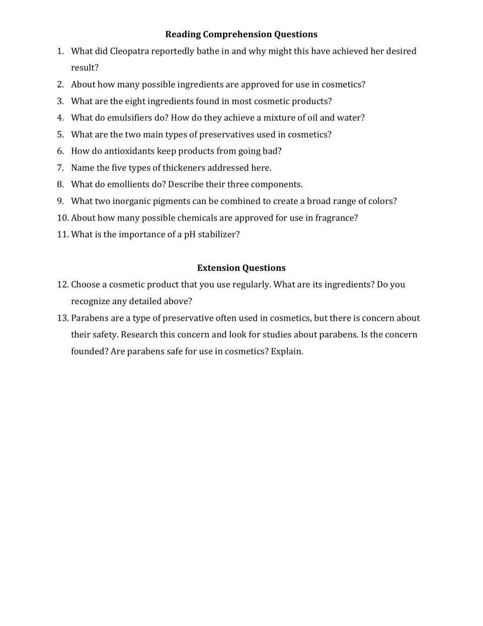 Cosmetics question sheet includes 11 comprehension questions and two extensions on ingredients and parabens