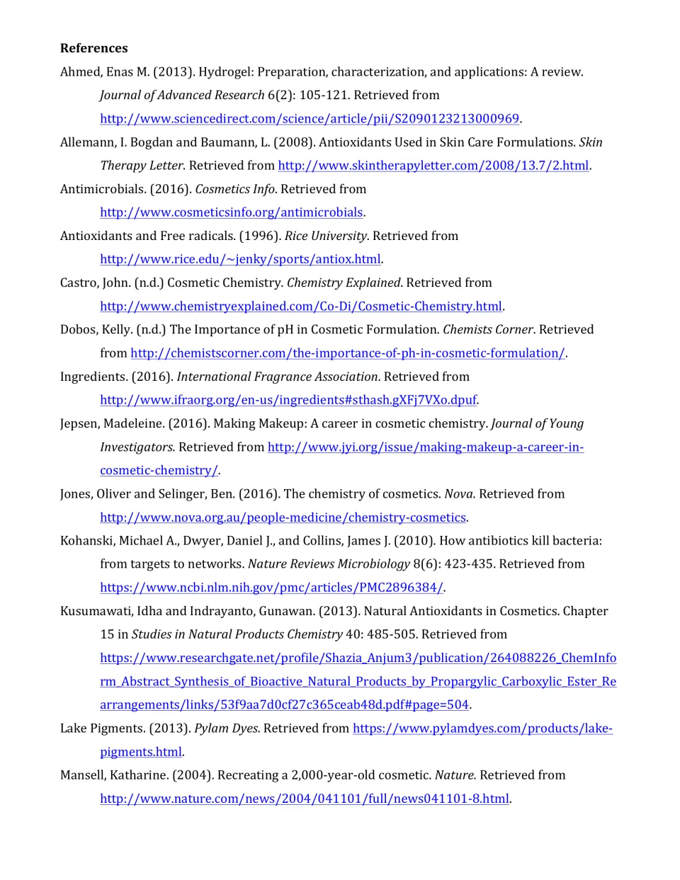 First reference page for the cosmetics reading lists sources on hydrogels, antioxidants, pigments, and pH