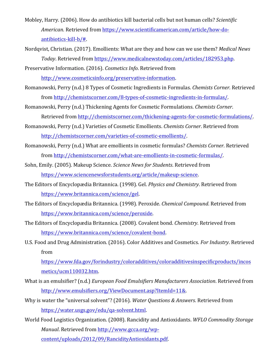 Second reference page for the cosmetics reading lists sources on emollients, preservatives, and emulsifiers