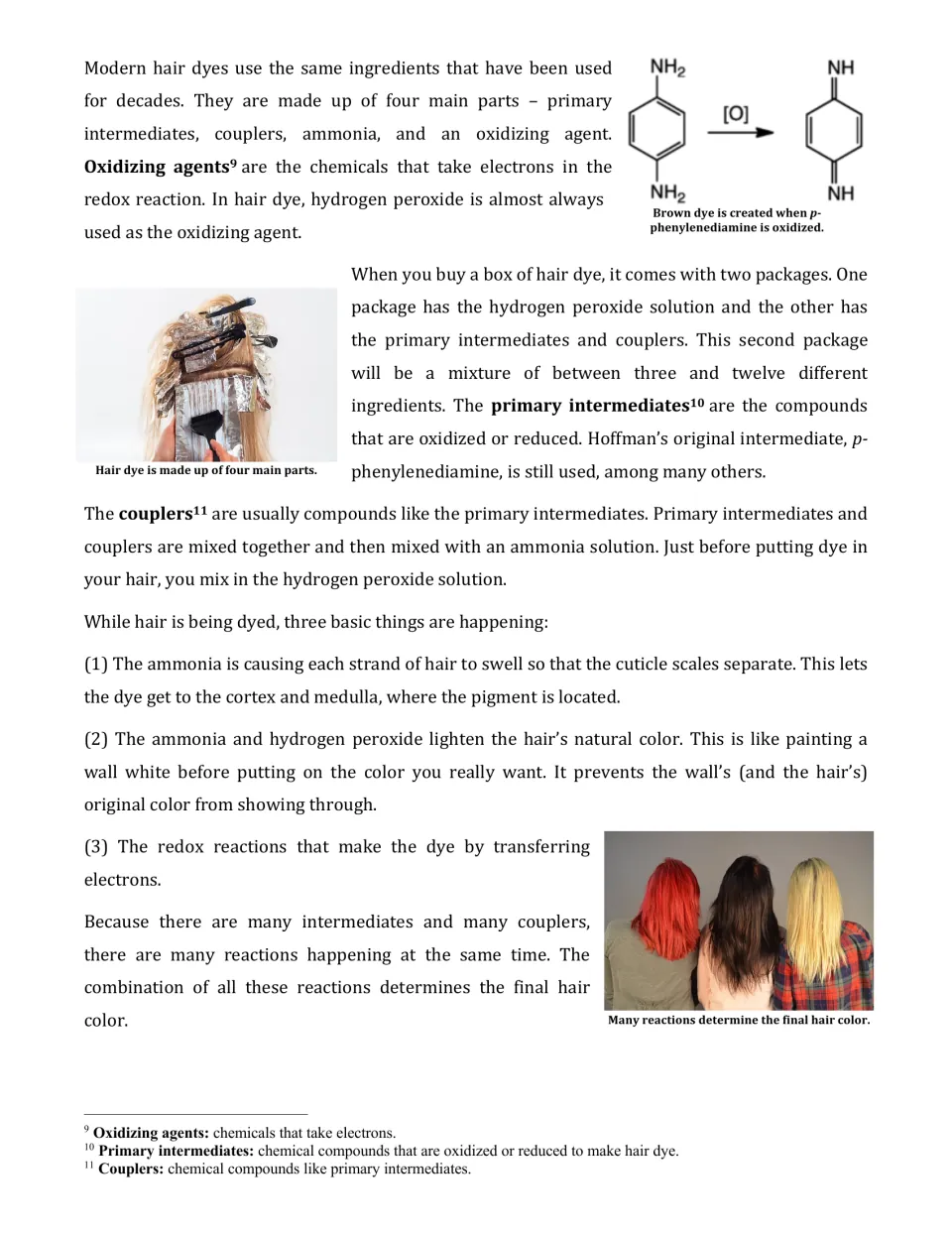 Article page 2: hair dye's four main parts, a p-phenylenediamine oxidation diagram and three steps of dyeing