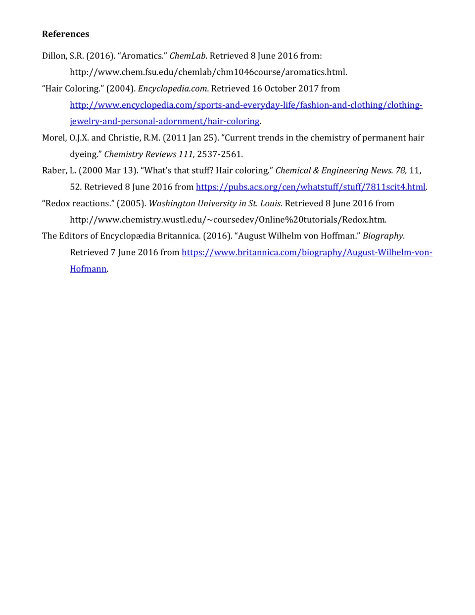 References list for the hair dye article, citing Chemistry Reviews, Encyclopedia.com and Britannica
