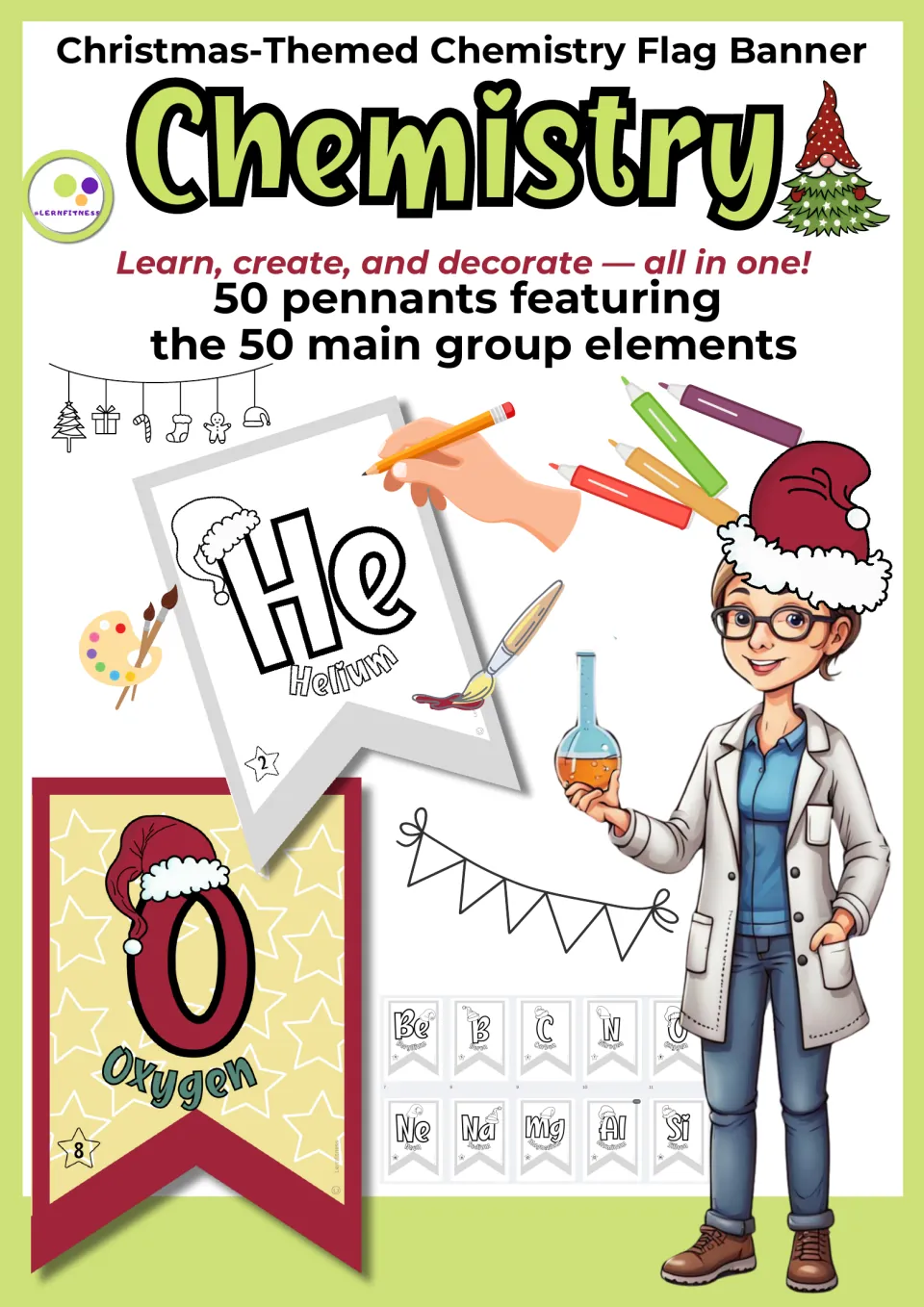 Christmas chemistry banner cover introducing 50 main group element pennants, with helium and oxygen examples