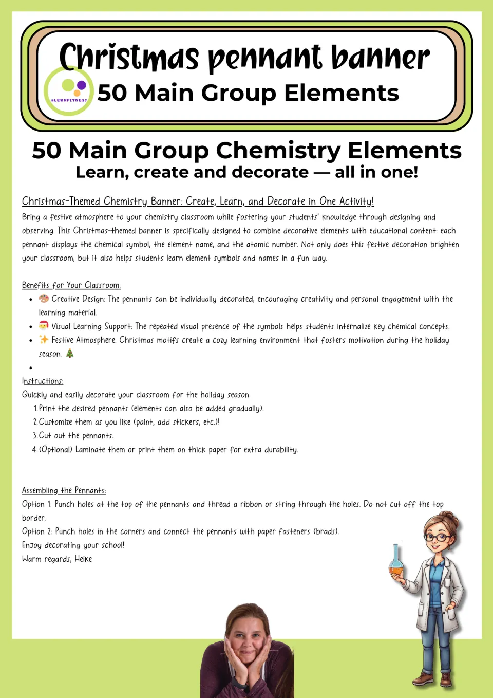 Chemistry banner instructions explain printing, decorating, cutting, and joining pennants with string or brads