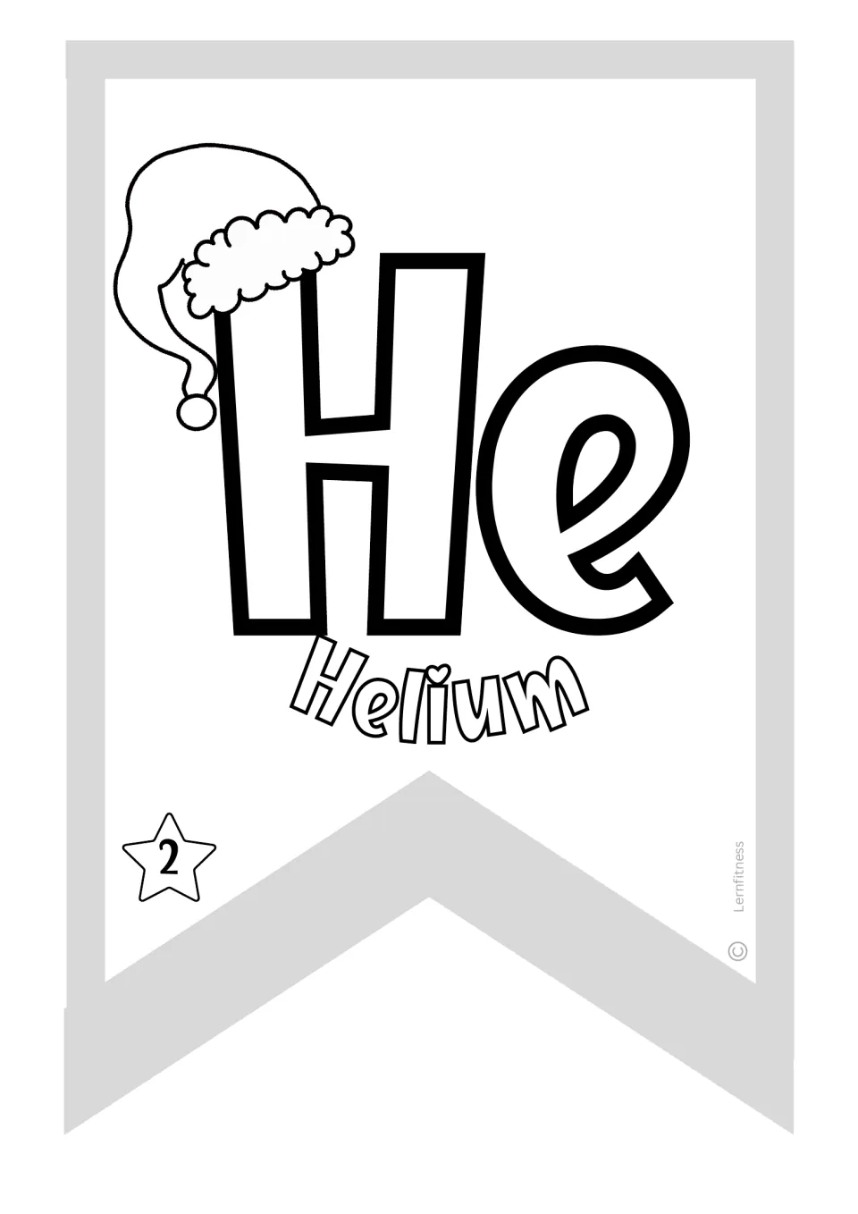 Helium pennant for the Christmas chemistry banner, showing symbol He and atomic number 2 to color