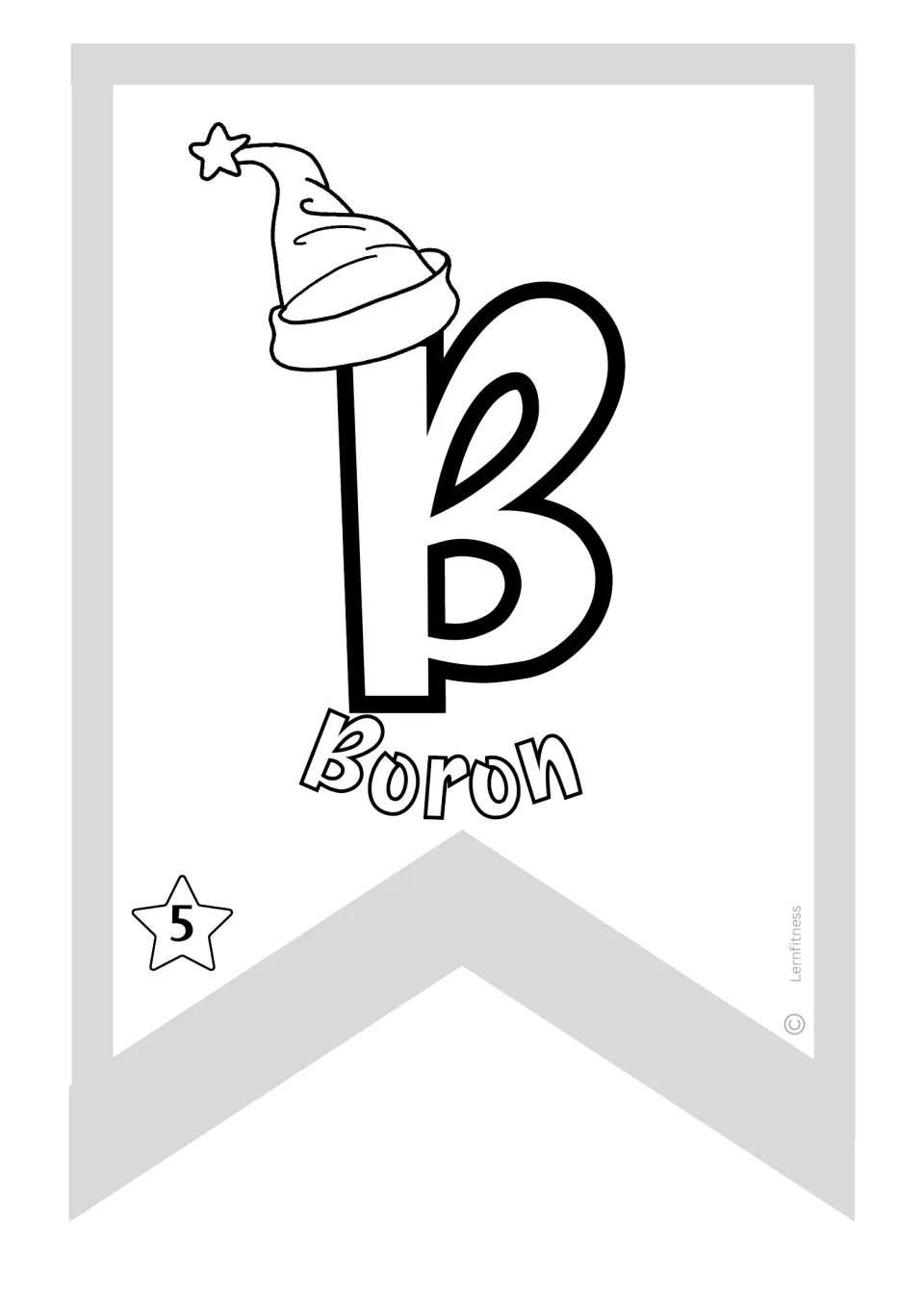 Boron pennant for the Christmas chemistry banner, showing symbol B and atomic number 5 to color