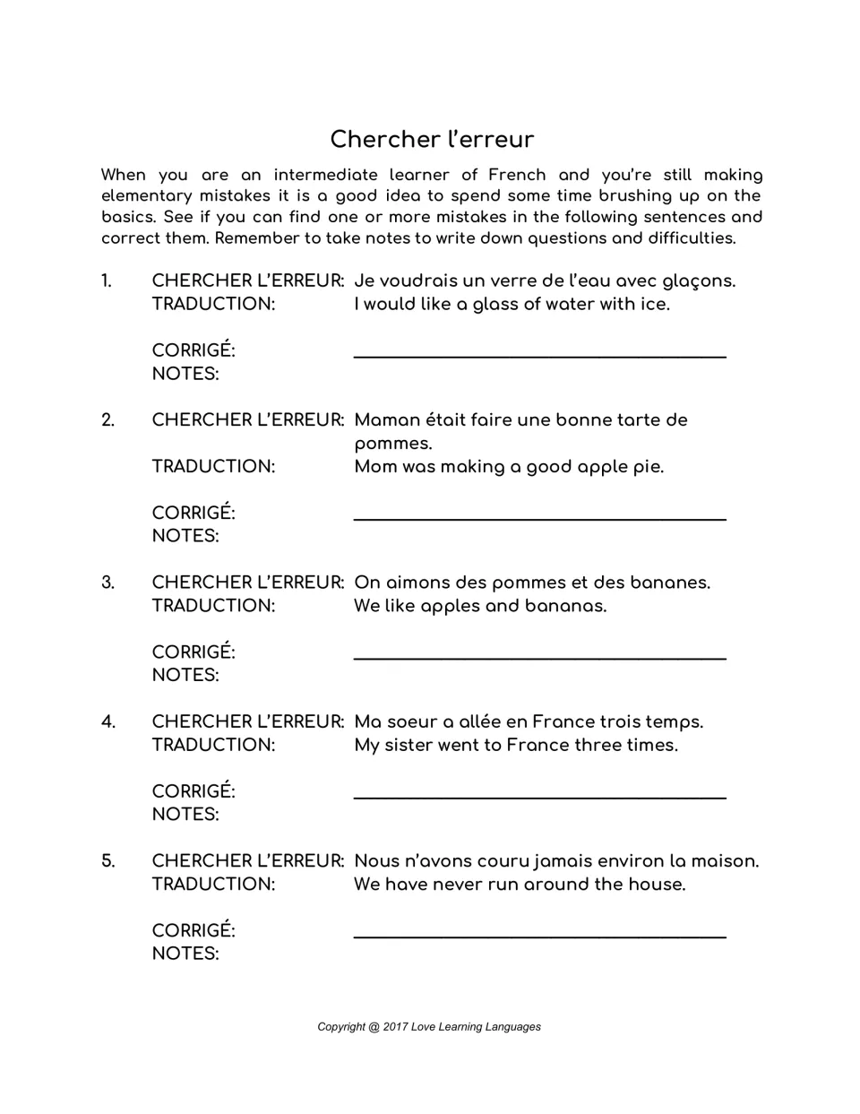 French error-correction items 1–5: water with ice, apple pie, fruit preferences, trips to France, and running.