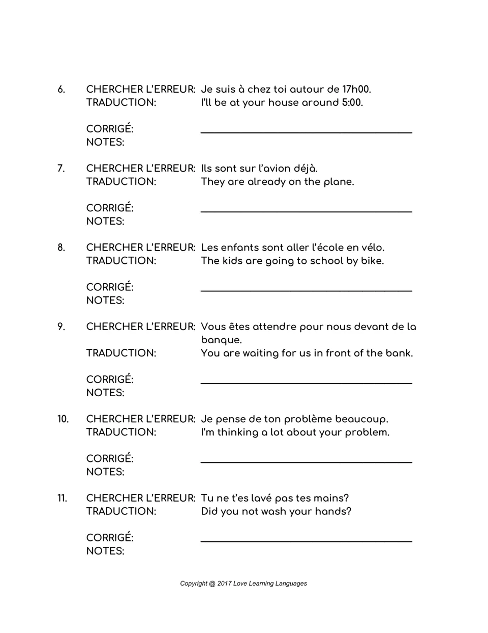 French error-correction items 6–11: arrival time, a plane, biking to school, waiting, thinking, and washing.