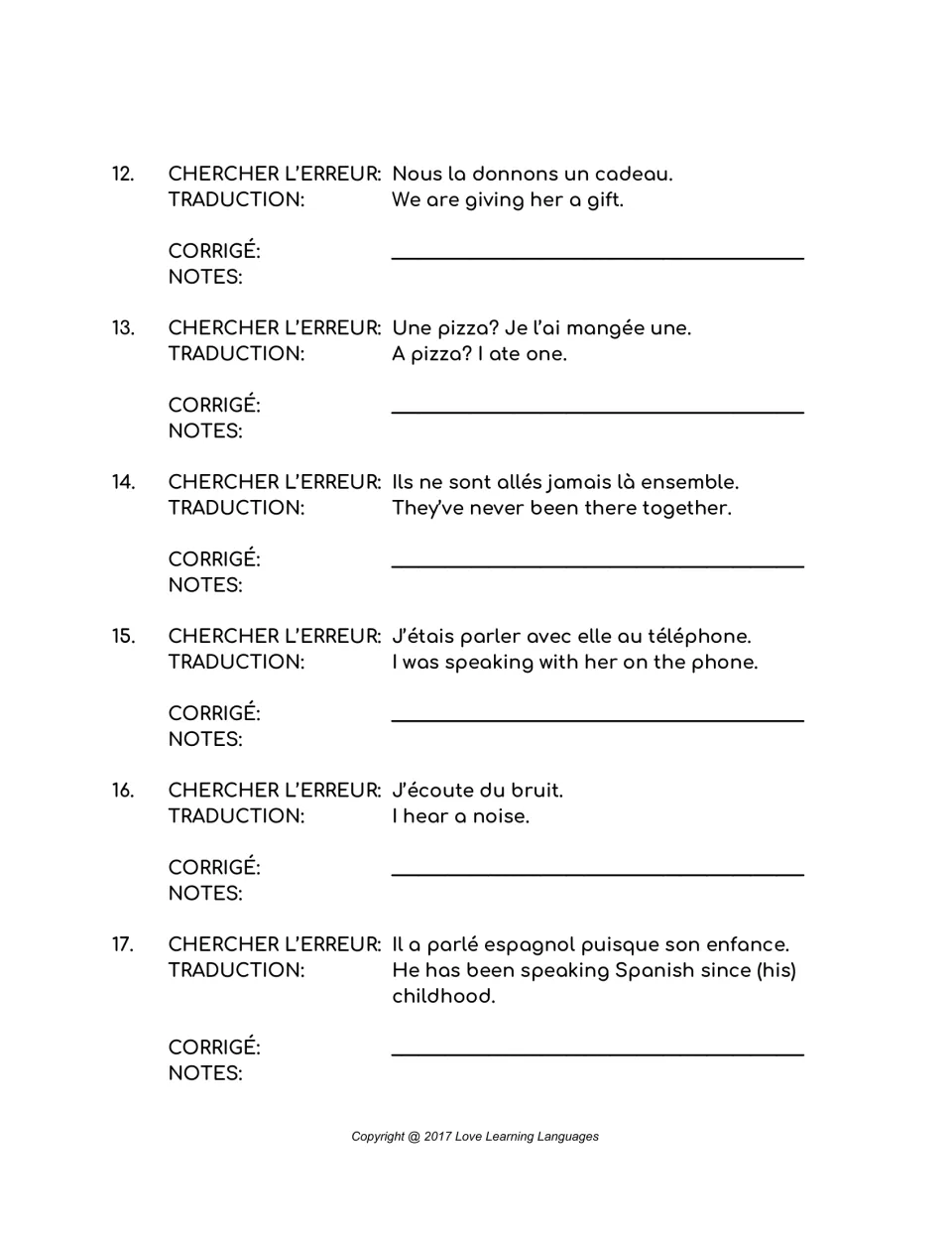 French error-correction items 12–17: a gift, pizza, going together, a phone call, noise, and speaking Spanish.