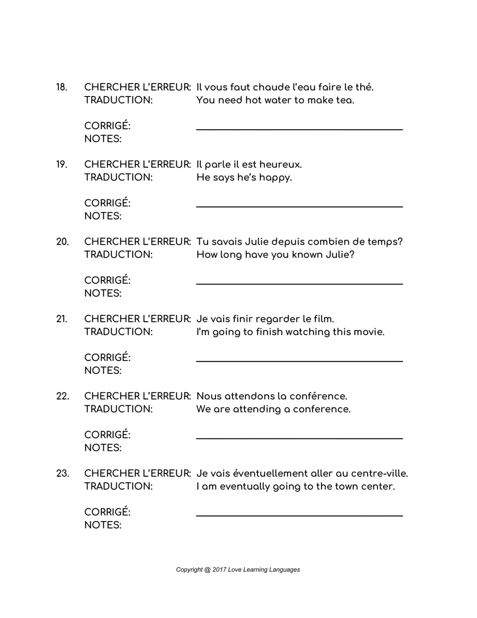 French error-correction items 18–23: making tea, happiness, knowing Julie, a movie, a conference, and downtown.