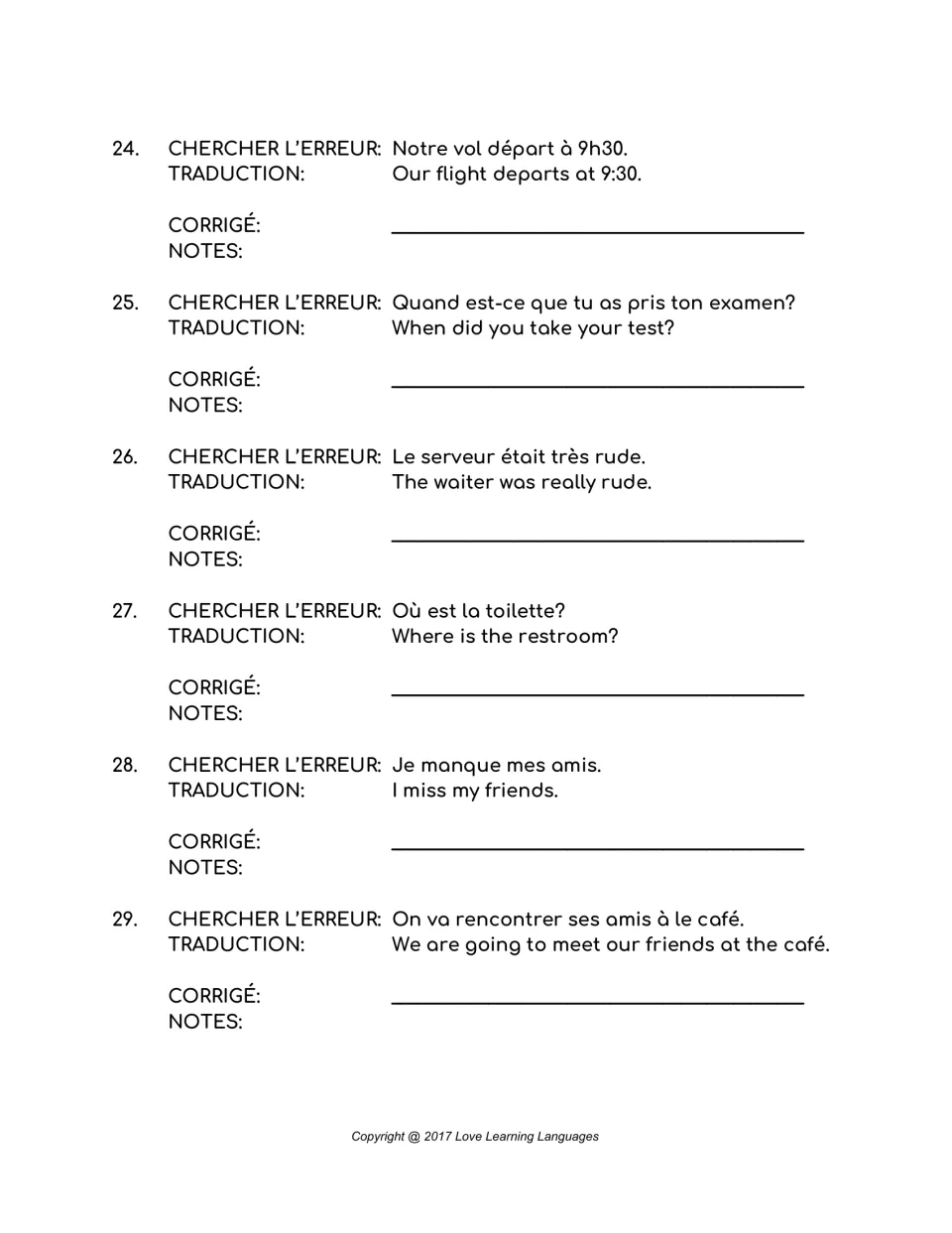 French error-correction items 24–29: a flight, a test, a rude waiter, a restroom, and missing or meeting friends.
