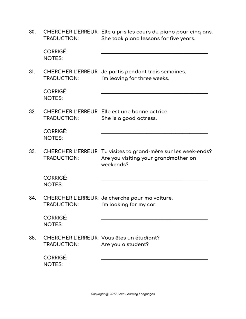 French error-correction items 30–35: piano lessons, travel, an actress, visiting Grandma, a car, and a student.