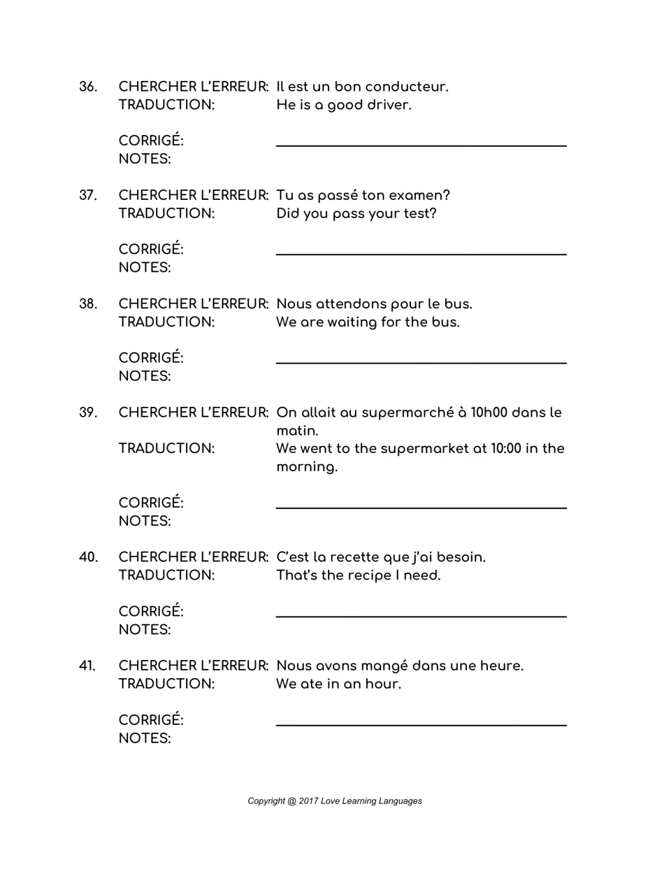 French error-correction items 36–41: a driver, passing a test, a bus, a supermarket trip, a recipe, and eating.
