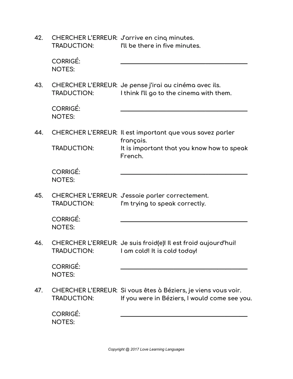 French error-correction items 42–47: arriving, cinema plans, speaking French, speaking correctly, cold, and visits.