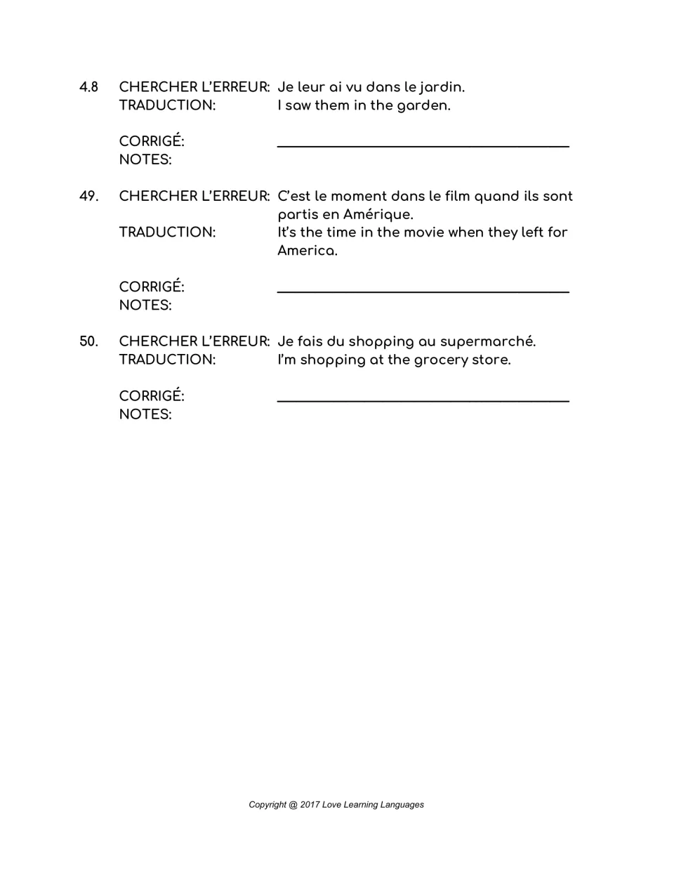 French error-correction items 48–50: seeing people in a garden, a movie departure, and grocery shopping.