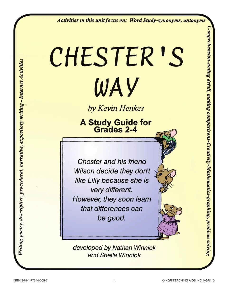 Chester's Way study guide cover for grades 2–4, introducing Chester, Wilson, Lilly, and accepting differences