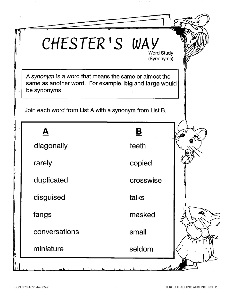 Synonym matching activity defining synonyms and pairing seven words, including diagonally, rarely, and fangs