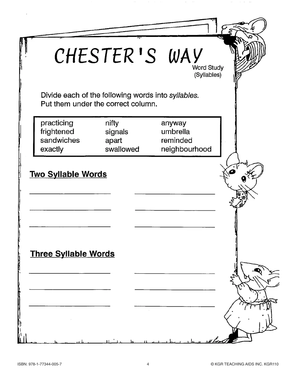 Syllable sorting activity using 12 story words, including practicing, nifty, umbrella, and sandwiches