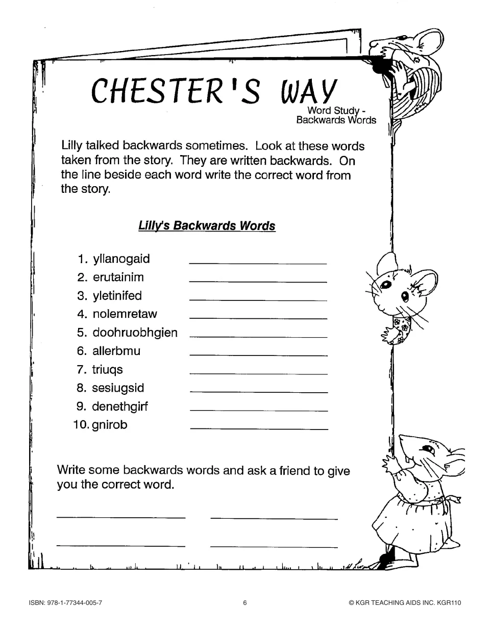 Lilly's backwards words activity asks students to decode 10 story words and write more for a friend