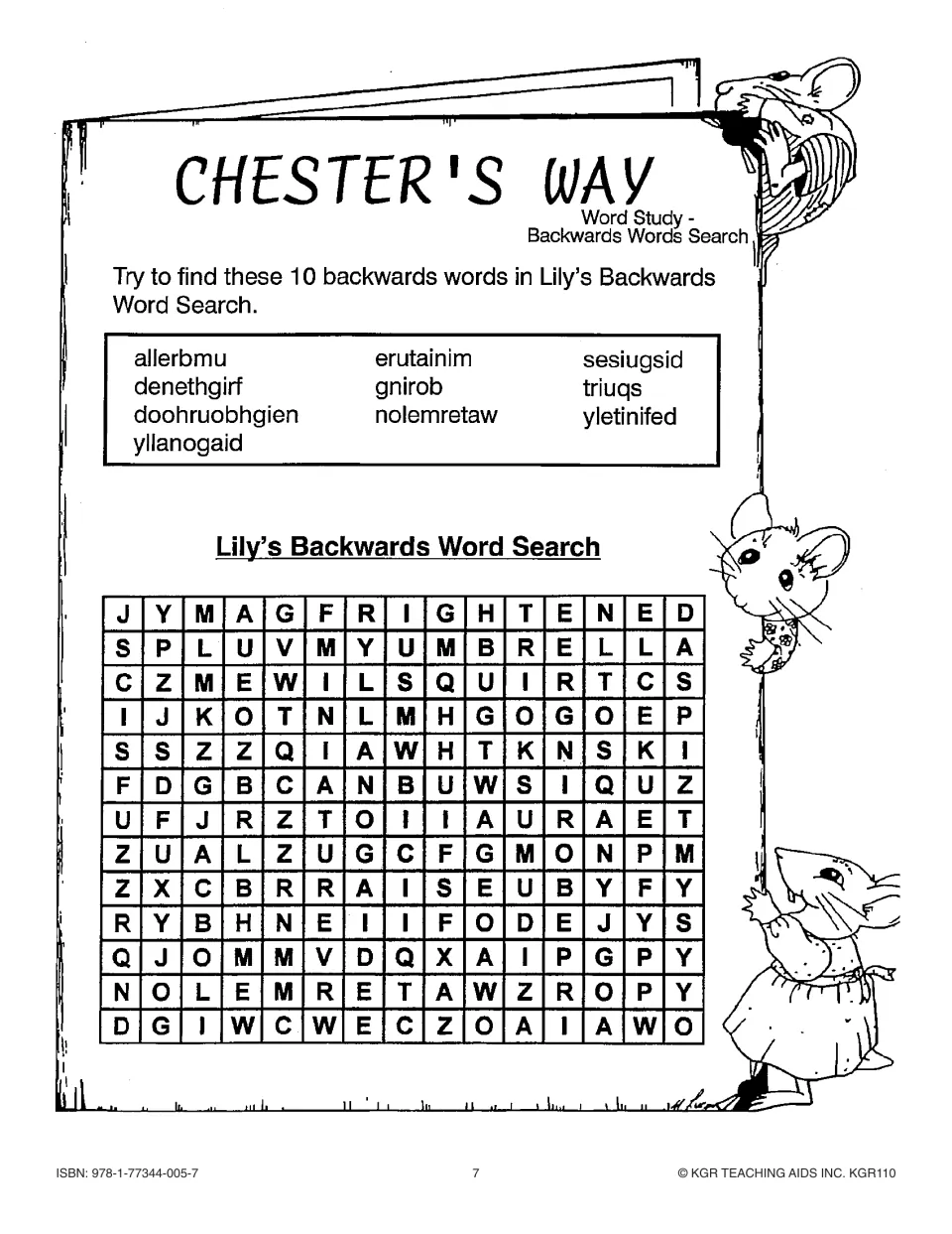 Backwards word search asks students to find 10 reversed story words, including allerbmu and erutainim