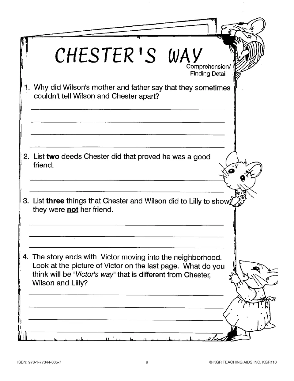 Four comprehension questions examine friendship, treatment of Lilly, and a prediction about Victor