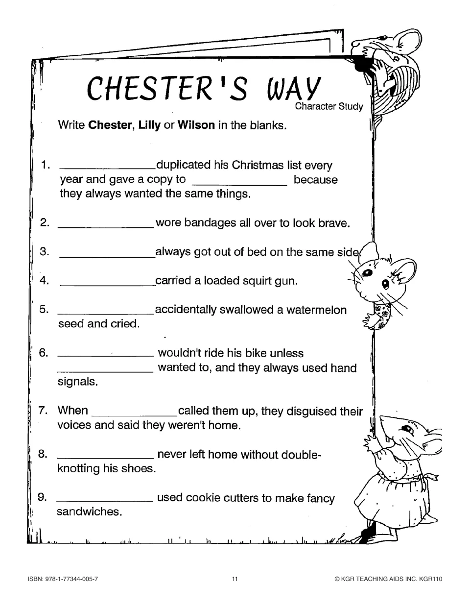 Character study asks students to complete nine statements about story events using Chester, Lilly, or Wilson