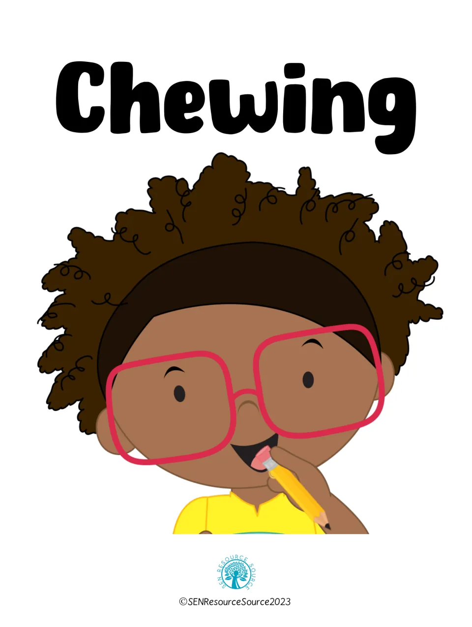 Cover titled Chewing showing a child in red glasses chewing the eraser end of a yellow pencil, by SEN Resource Source