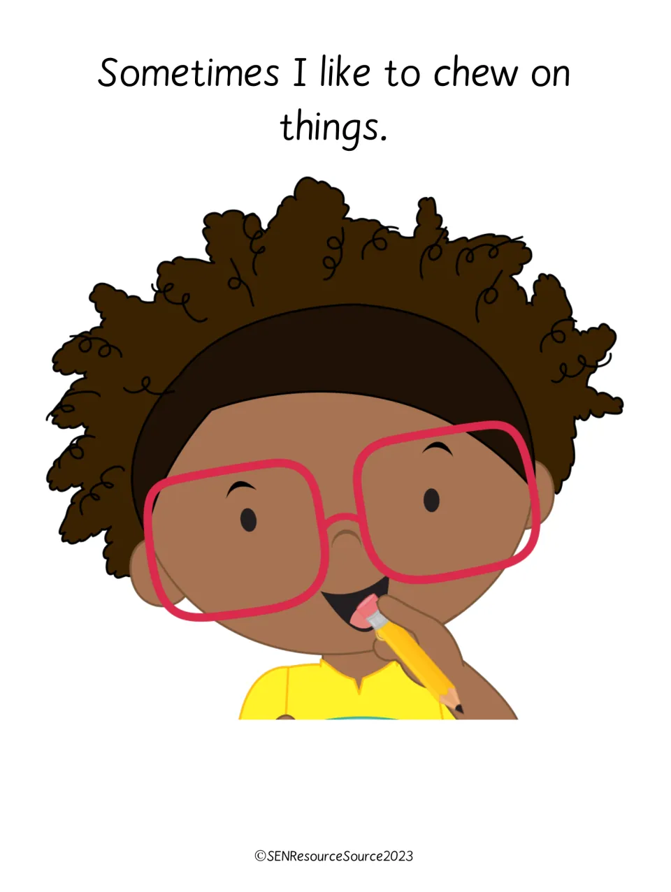 Story opener reading 'Sometimes I like to chew on things.' above a smiling child in red glasses chewing a yellow pencil