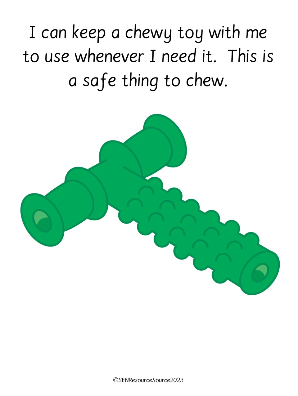 Safe option: text says I can keep a chewy toy with me to use whenever I need it, shown with a green textured chew tool