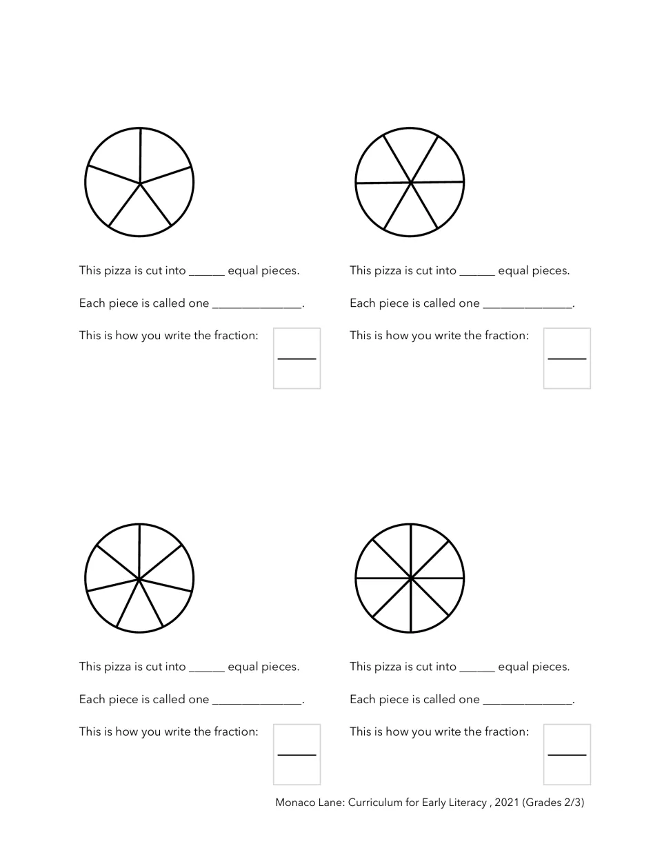 Unit fractions: students count equal slices on pizzas cut into fifths, sixths, sevenths and eighths, then name each one